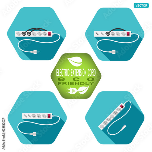 Vector hexagon icons set of modern electric extension cord type B with shadow on the turquoise background.