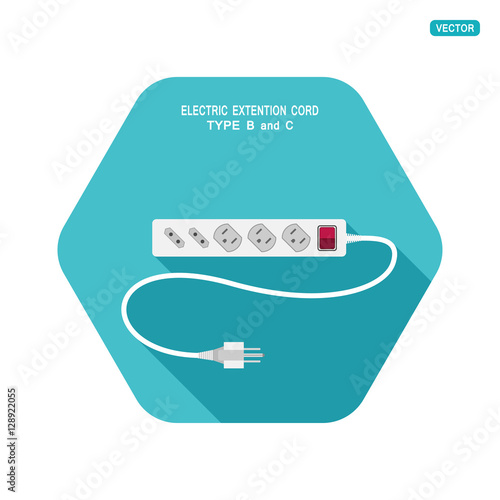 Vector icon of electric extension cord with different outlets by type B and C on the turquoise hexagon background with shadow.