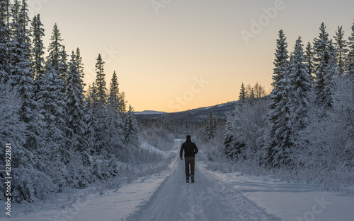 Man running on skis into peaceful sunset in the snow covered forest