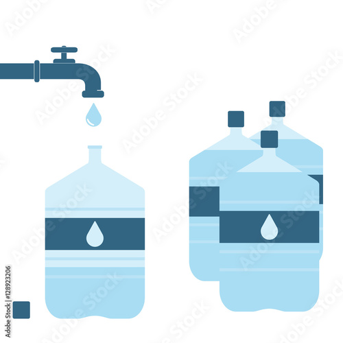 Pouring water from tap faucet into office plastic bottle. Bottle supply with water. Set of plastic bottles. Vector illustration