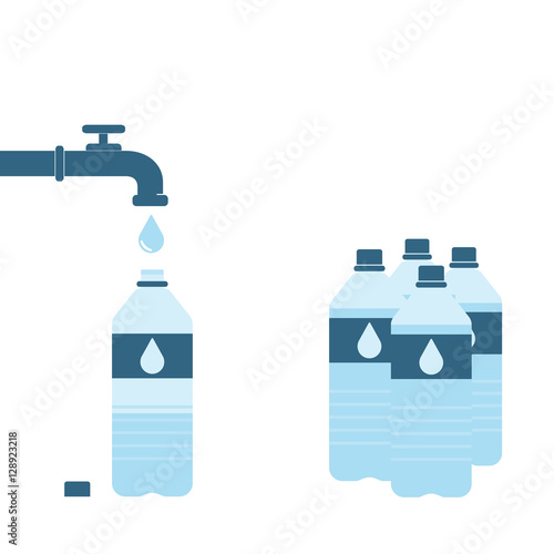 Pouring water from tap faucet into plastic bottle. Bottle supply with water. Set of plastic bottles. Vector illustration