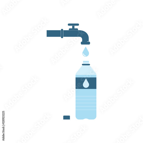 Pouring water from tap faucet into plastic bottle. Bottle supply with water. Vector illustration