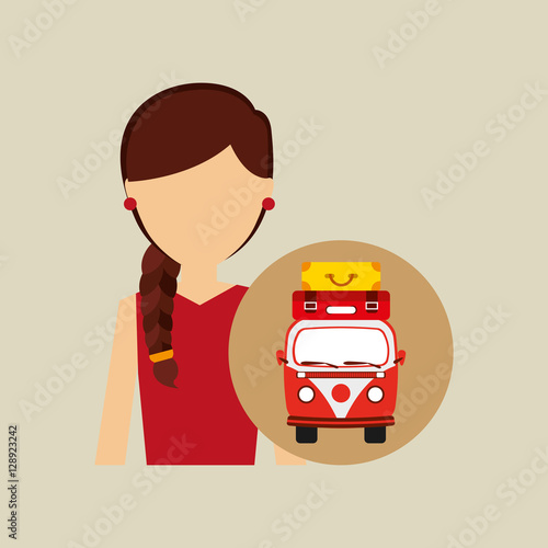 woman red dress vintage van camper suitcases vector illustration eps 10