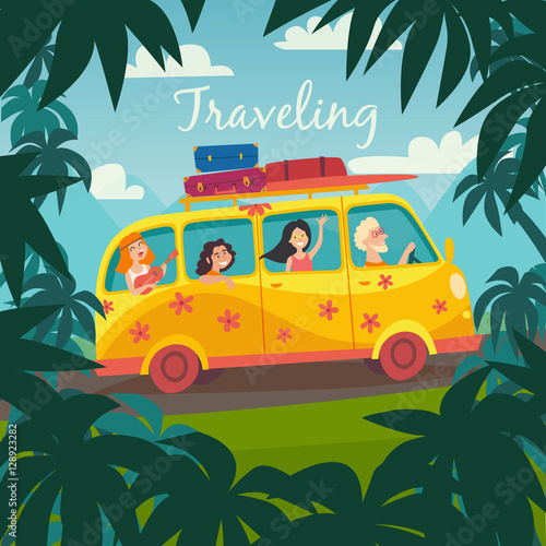Summer trip vector illustration. Surfing bus on palm beach. Happy people on summer holidays. Microbus with surfers. Palm background on road trip. Tourism concept  cartoon character hippie