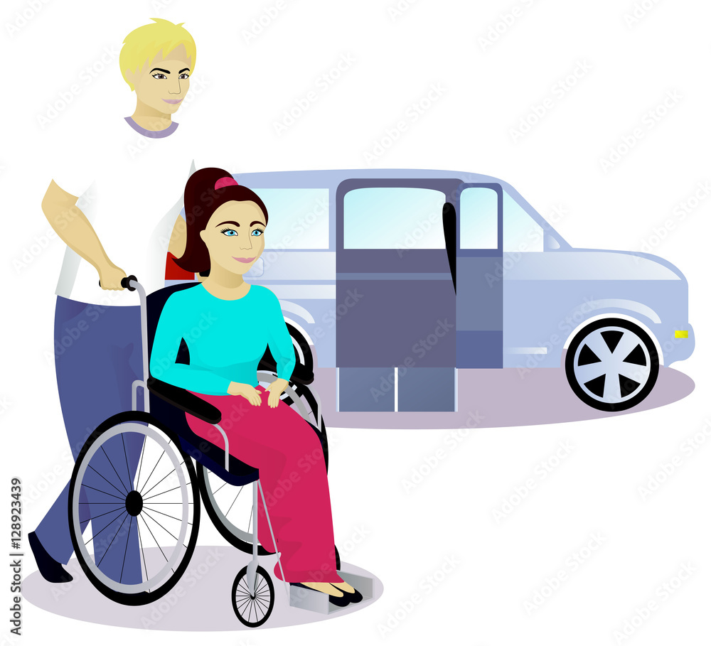 girl with disabilities in a wheelchair and boy, car with a ramp on background girl with disabilities in a wheelchair and boy, car with a ramp on background