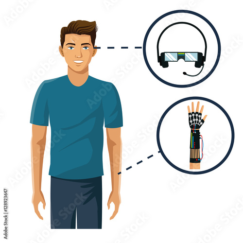 man gamer vr headset reality and wired glove vector illustration eps 10