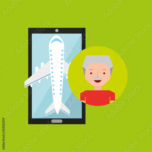 hand holds mobile older man application travel airport vector illustration eps 10