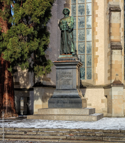 Statue of Ulrich Zwingli at the Water Church in Zurich, Swizterland photo