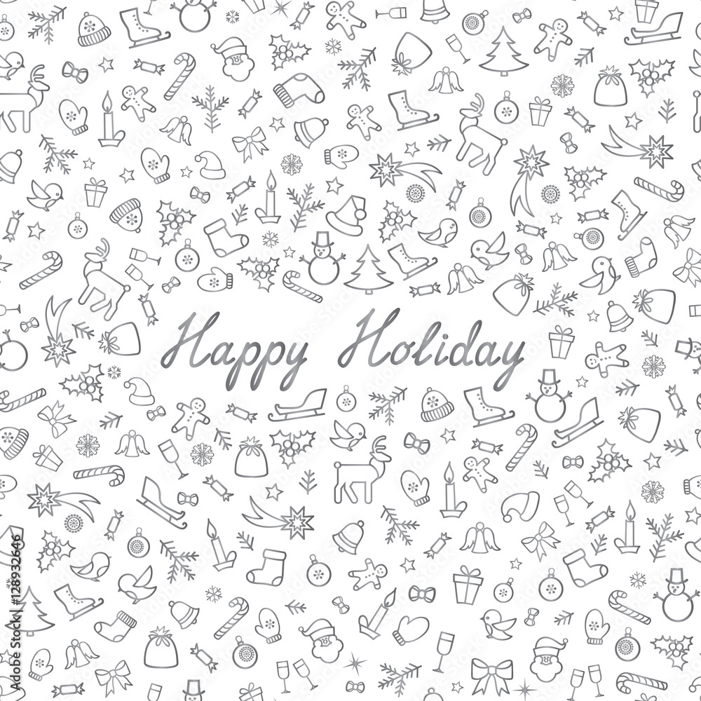 Christmas Icons Seamless Pattern. Happy Winter Holiday Wallpaper Greeting card, handwritten lettering Happy Holyday