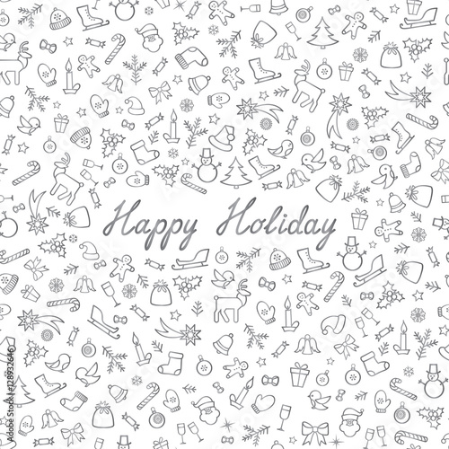 Christmas Icons Seamless Pattern. Happy Winter Holiday Wallpaper Greeting card, handwritten lettering Happy Holyday