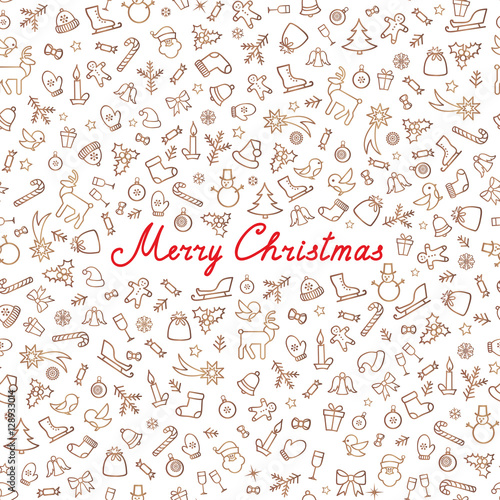 Merry Christmas Greeting Card. Happy Winter Holiday Icons Seamless Pattern.