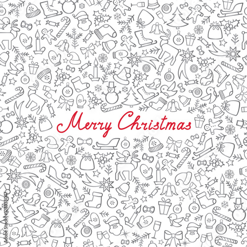 Merry Christmas Greeting Card. Happy Winter Holiday Icons Seamless Pattern.