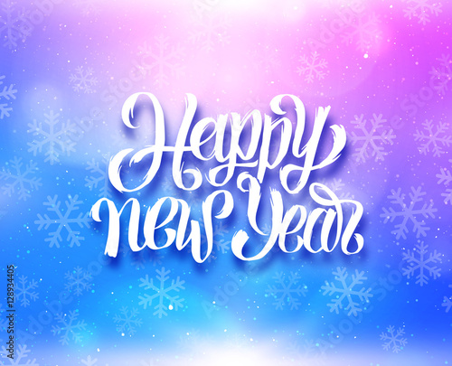 Happy New Year greeting card with magic light and snowflakes on colorful blue-purple background. Vector design with lettering for winter holidays