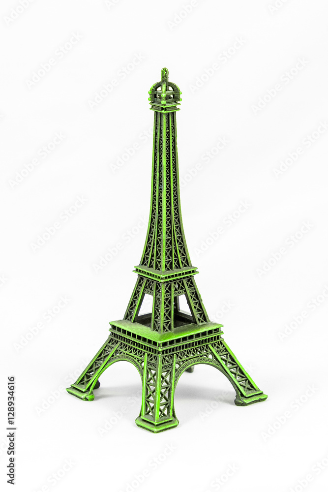 Green Eiffel Tower model, isolated on white background