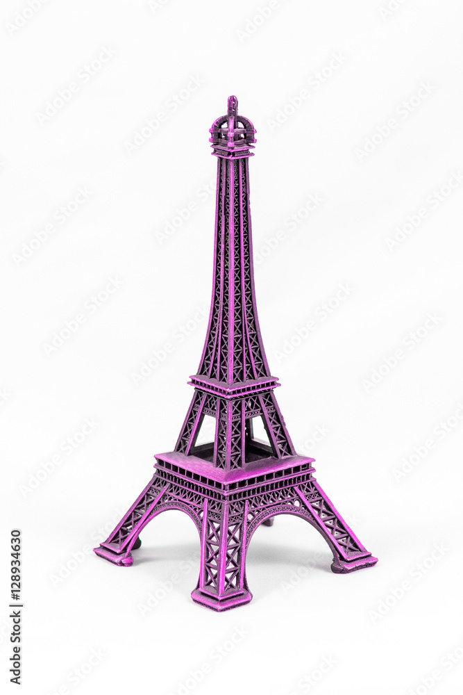Purple Eiffel Tower model, isolated on white background