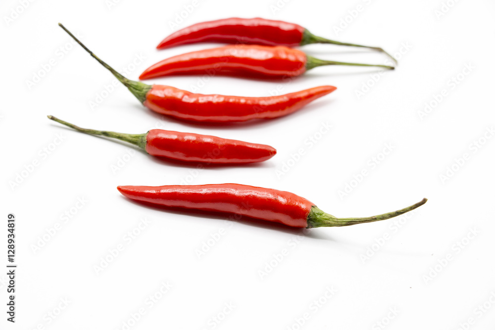 chilies pepper on white background,Chili pepper, the spicy fruit of plants in the genus Capsicum; sometimes spelled 