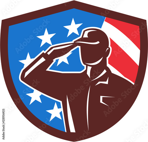 American Soldier Saluting USA Flag Crest Retro