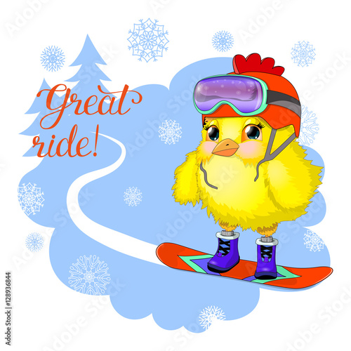Great ride young cock on a snowboard. Vector Illustration. 
