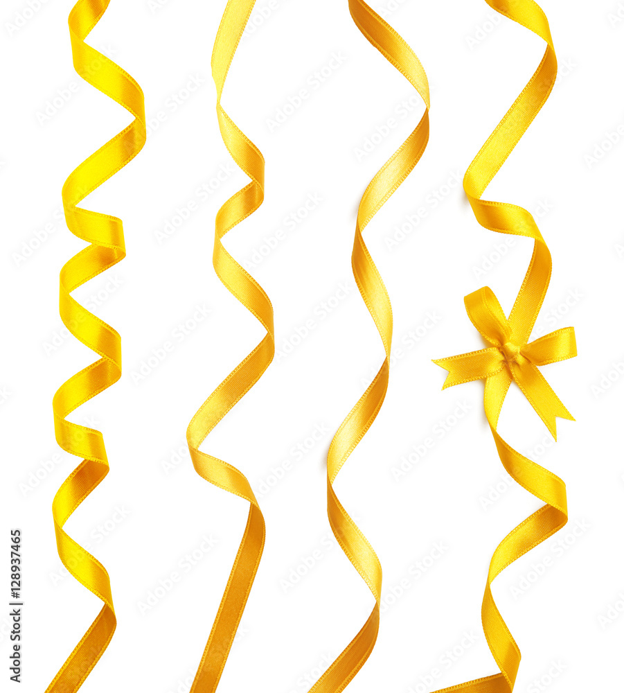 Collage of festive golden ribbons on white background Collage of festive golden ribbons on white background