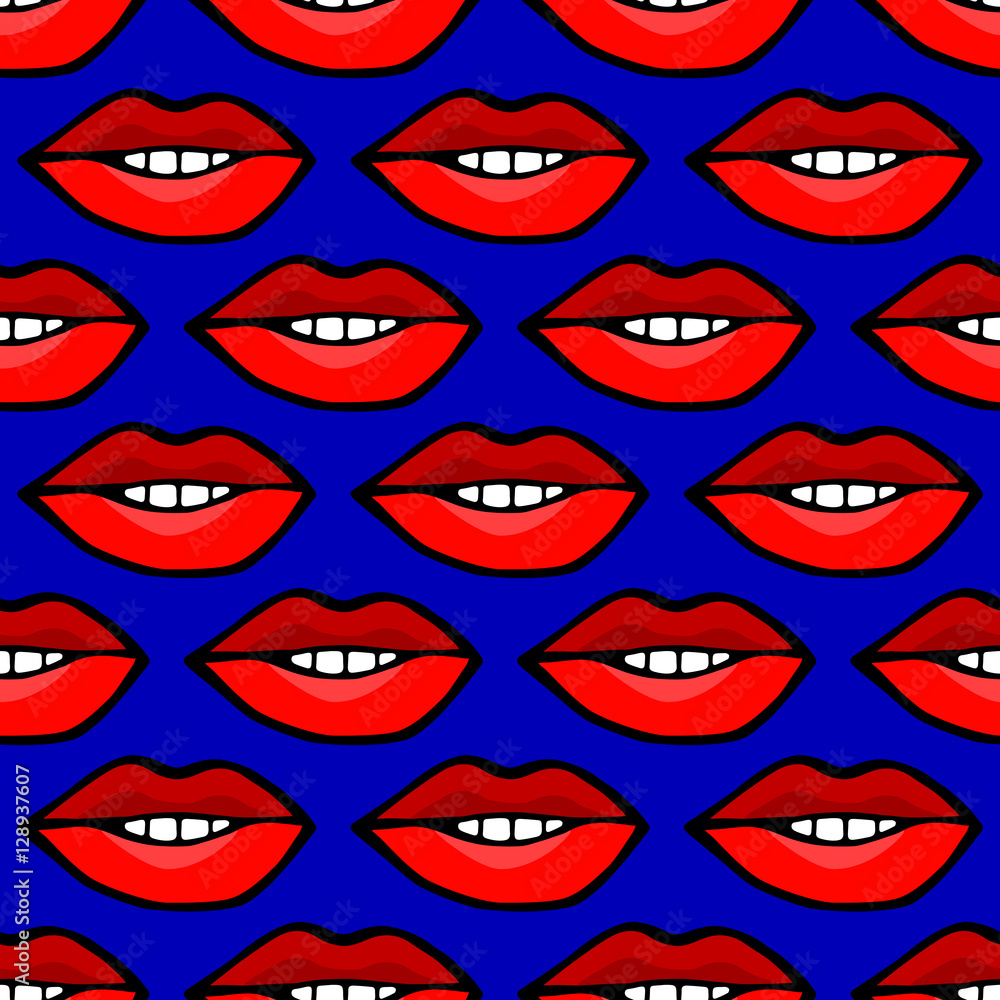 Lips with red lipstick on a blue background. Vector seamless hand drawing texture Lips with red lipstick on a blue background. Vector seamless hand drawing texture