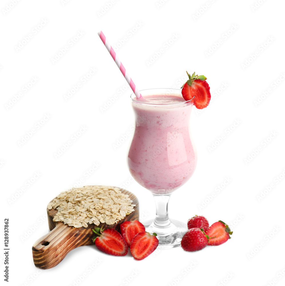 Fresh milkshake with strawberry and oatmeal isolated on white Fresh milkshake with strawberry and oatmeal isolated on white