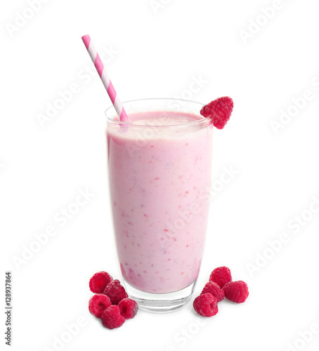 Fresh milkshake with raspberry isolated on white