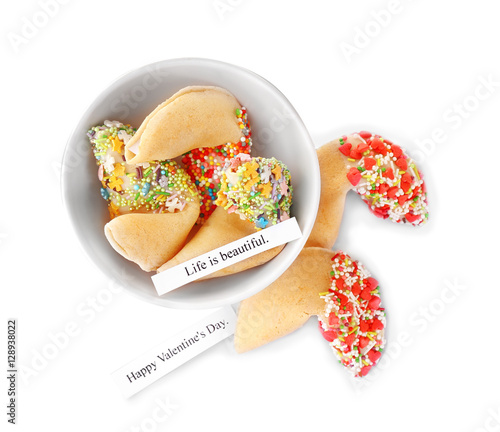 Fortune cookies with sprinkles in bowl isolated on white