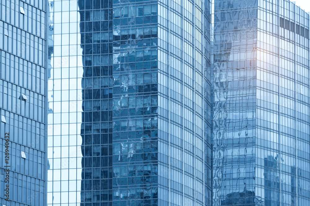 Contemporary office building blue glass wall detail