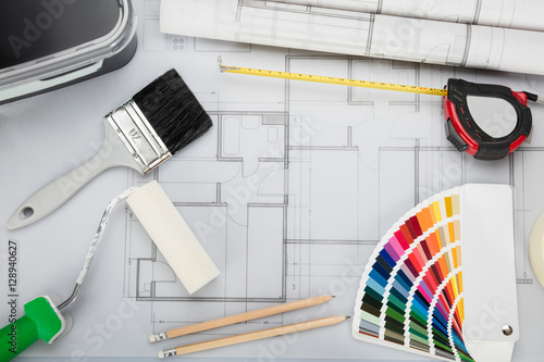 Bild auf Leinwand Blueprint With Tools And Equipment On Desk