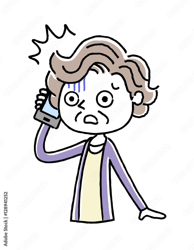 電話：シニア女性、驚く、不安

