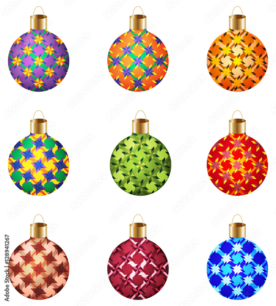 Set of 9 decorative Christmas balls with unusual ornaments on white background Set of 9 decorative Christmas balls with unusual ornaments on white background