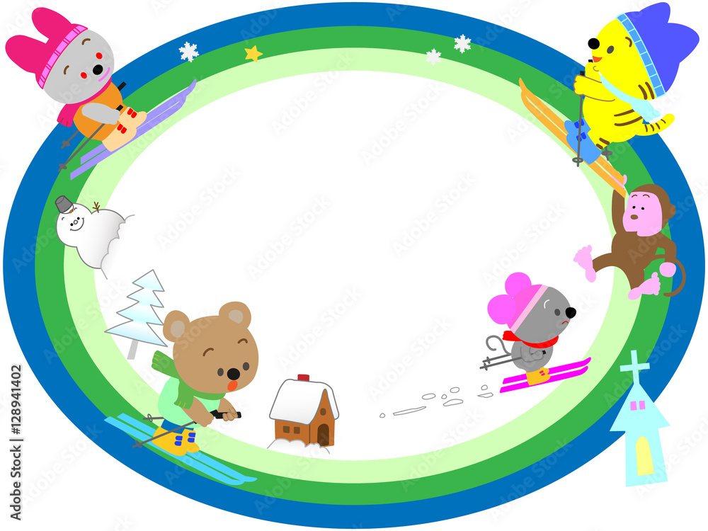 Obraz premium 動物のウインタースポーツのタイトルフレーム