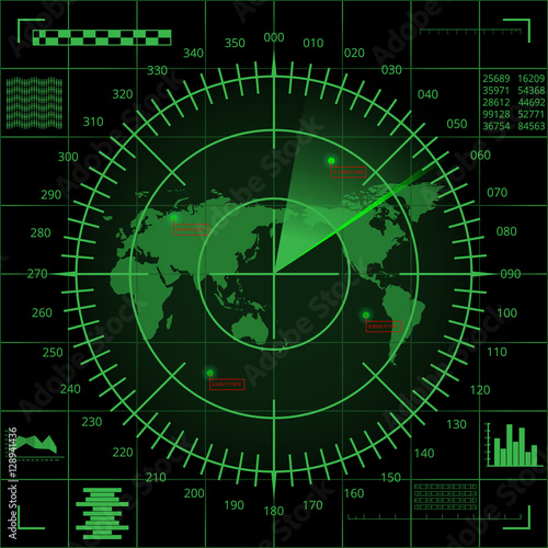 Digital green radar screen with world map, targets and futuristic user interface on black background