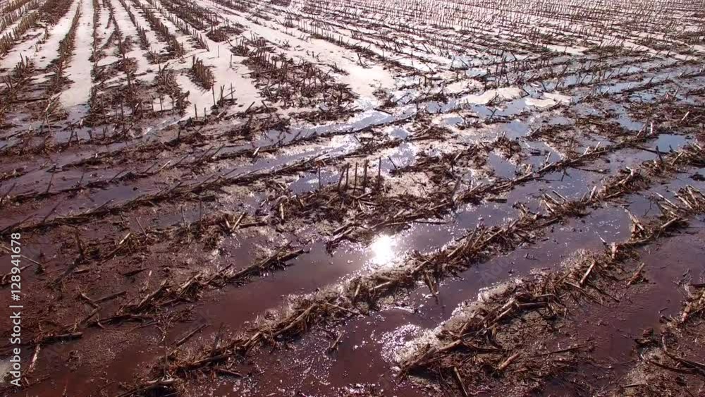 Muddy, melting corn field in Spring, seen from low aerial perspective.
Muddy, melting corn field in Spring, seen from low aerial perspective.