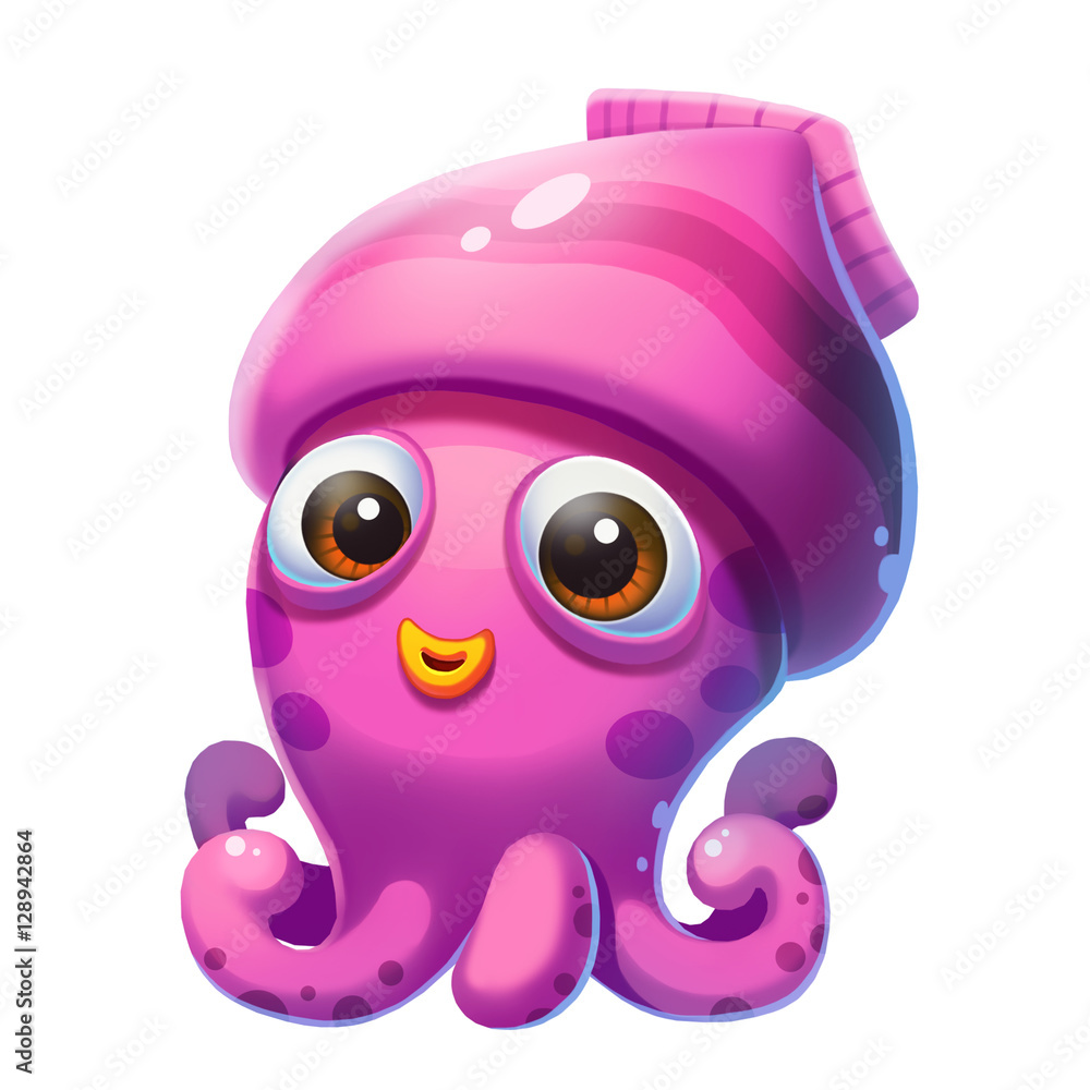 Create a cute, 3D digital art suitable as a website background. The design should feature a cute, fluffy squid mascot engaged in mobile gaming, incorporating elements of video games. The image should