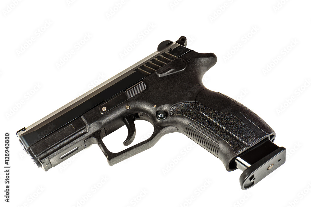 The black gun (pistol) on a white background close up. Isolate.