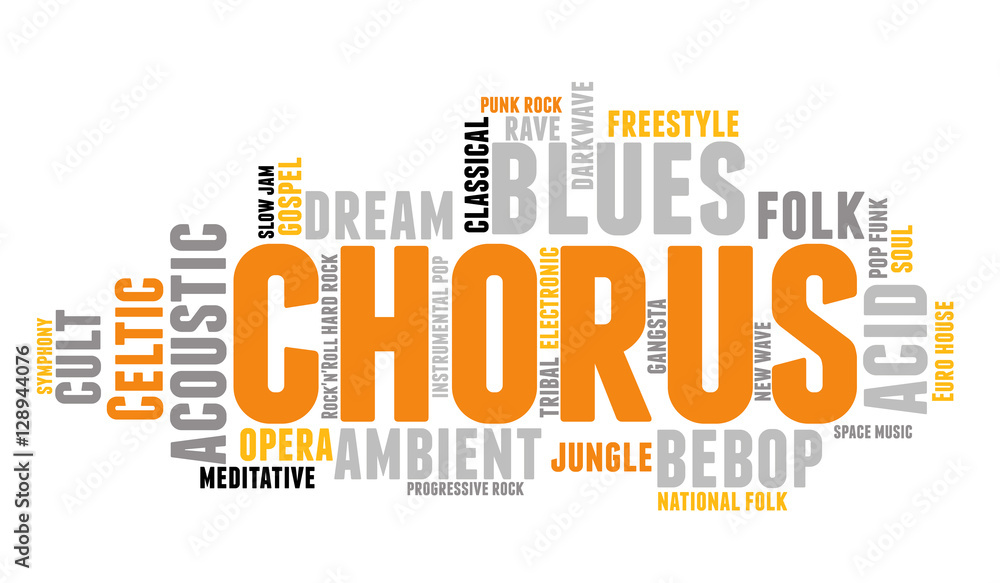 Chorus. Word cloud, type font, white background. Music concept. Stock