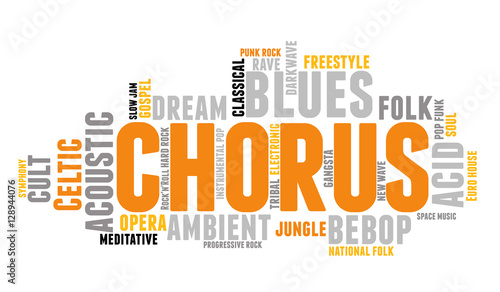 Chorus. Word cloud, type font, white background. Music concept.