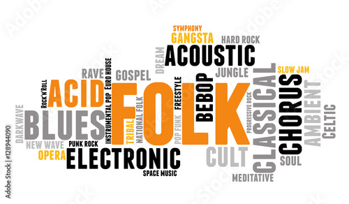 Folk. Word cloud, type font, white background. Variety of music.