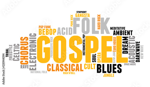 Gospel. Word cloud, type font, white background. Music concept.