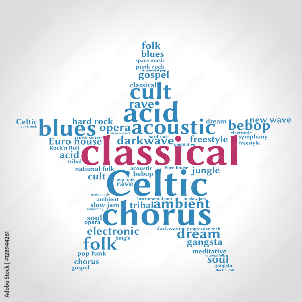 Classical. Word cloud, five-pointed star, gradient grey background. Music  concept. Stock Vector | Adobe Stock