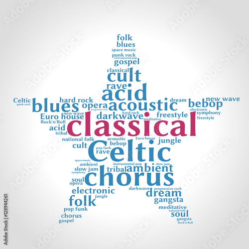 Classical. Word cloud, five-pointed star, gradient grey background. Music concept.