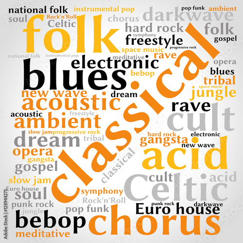 Classical. Word cloud, square, gradient grey background. Music concept.	