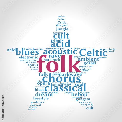 Folk. Word cloud, five-pointed star, gradient grey background. Music concept.	