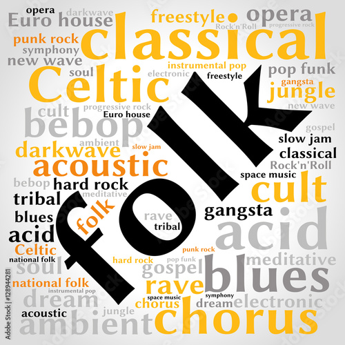 Folk. Word cloud, square, gradient grey background. Music concept.	