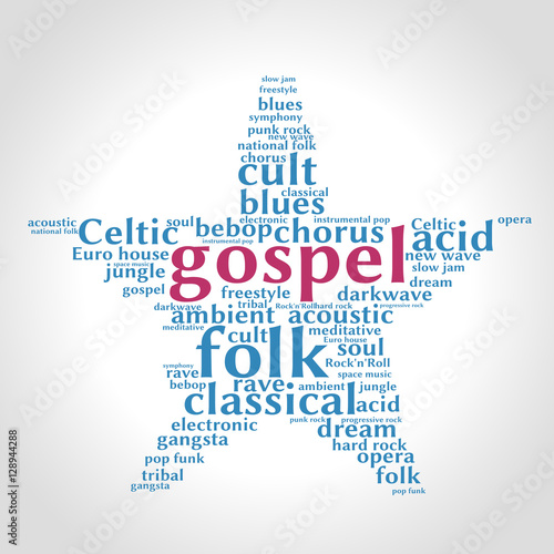 Gospel. Word cloud, five-pointed star, gradient grey background. Music concept.