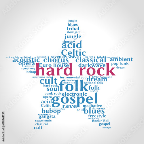 Hard rock. Word cloud, five-pointed star, gradient grey background. Music concept.	
