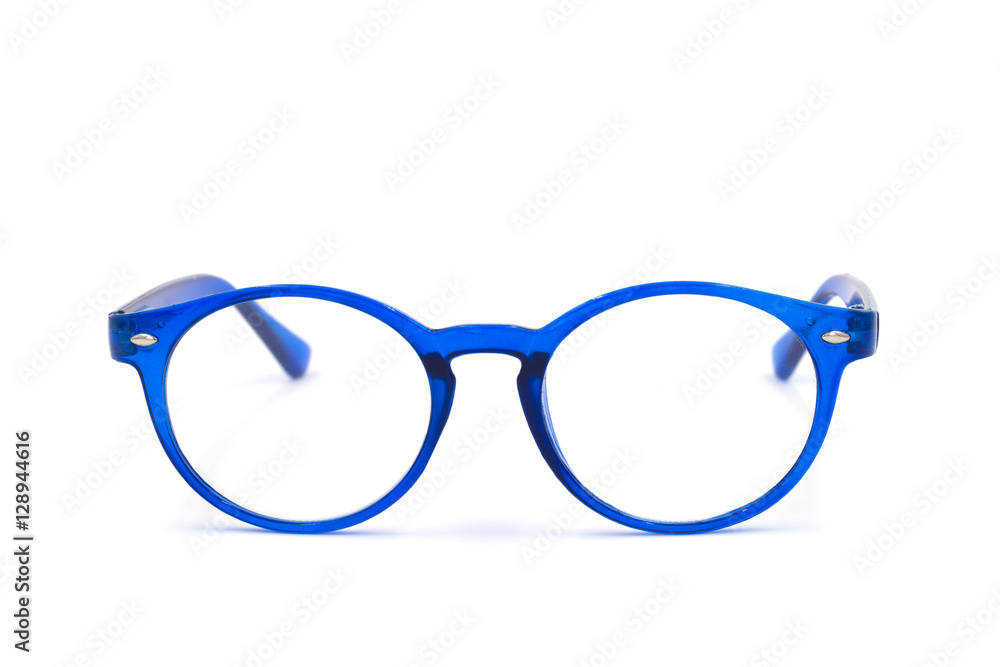 Fototapeta premium Blue glasses on white background