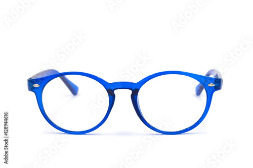 Blue glasses on white background