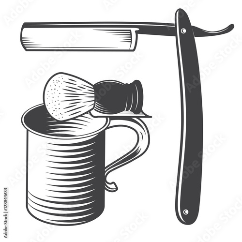 Shaving Mug, Brush and Razor Isolated on a White Background. Vector
